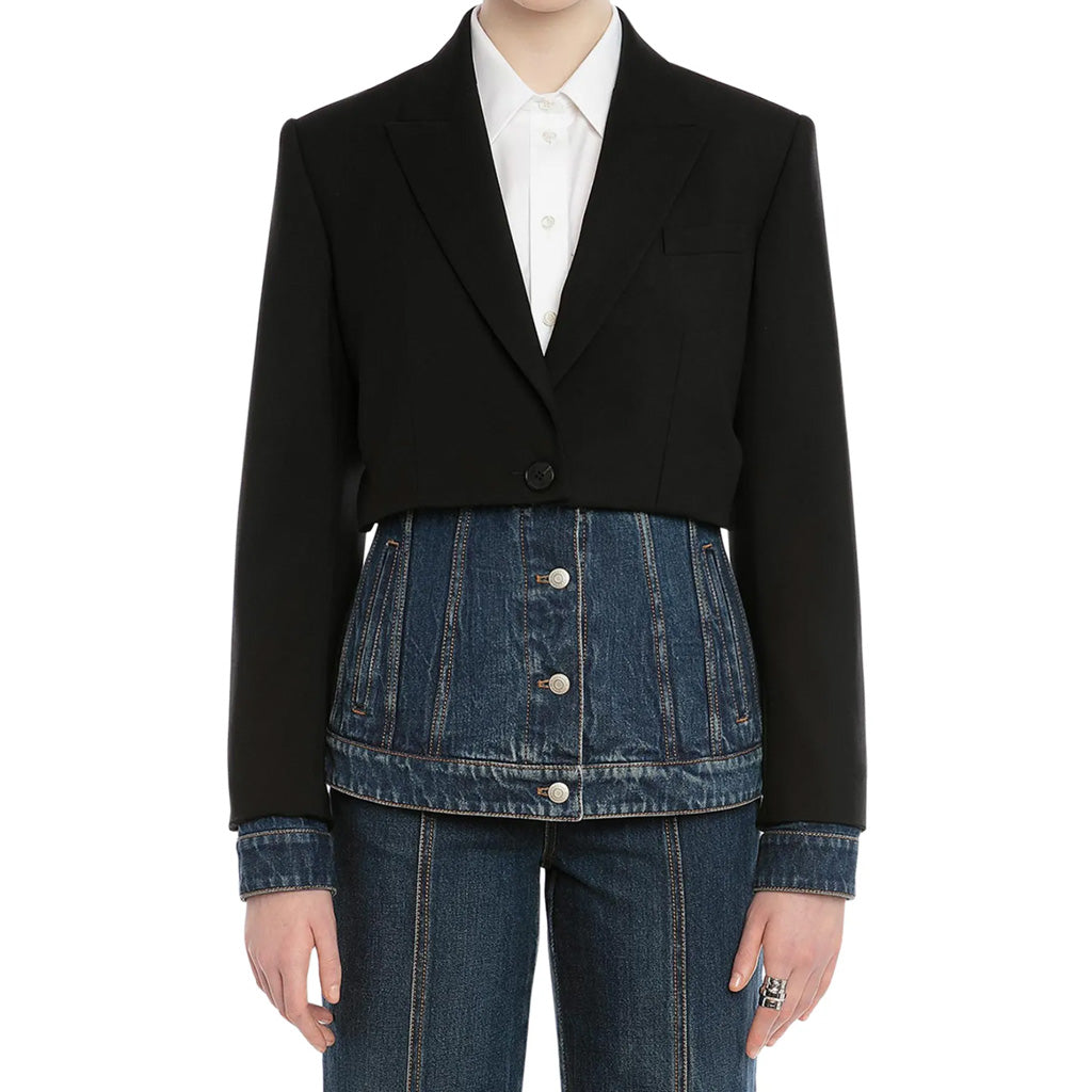 Deconstructed Two Tone Lapel Collar Single Breasted Hybrid Layered Denim Blazer