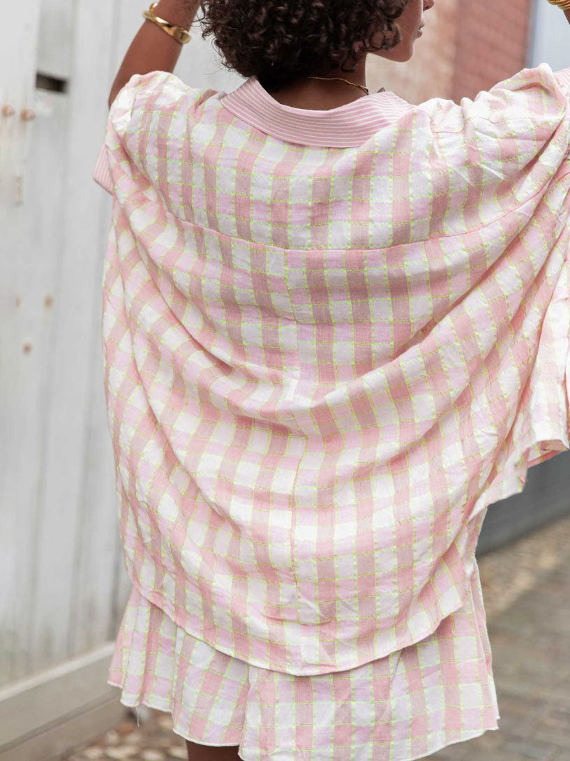 Unique Check Print Bat Sleeve Oversized Shirt