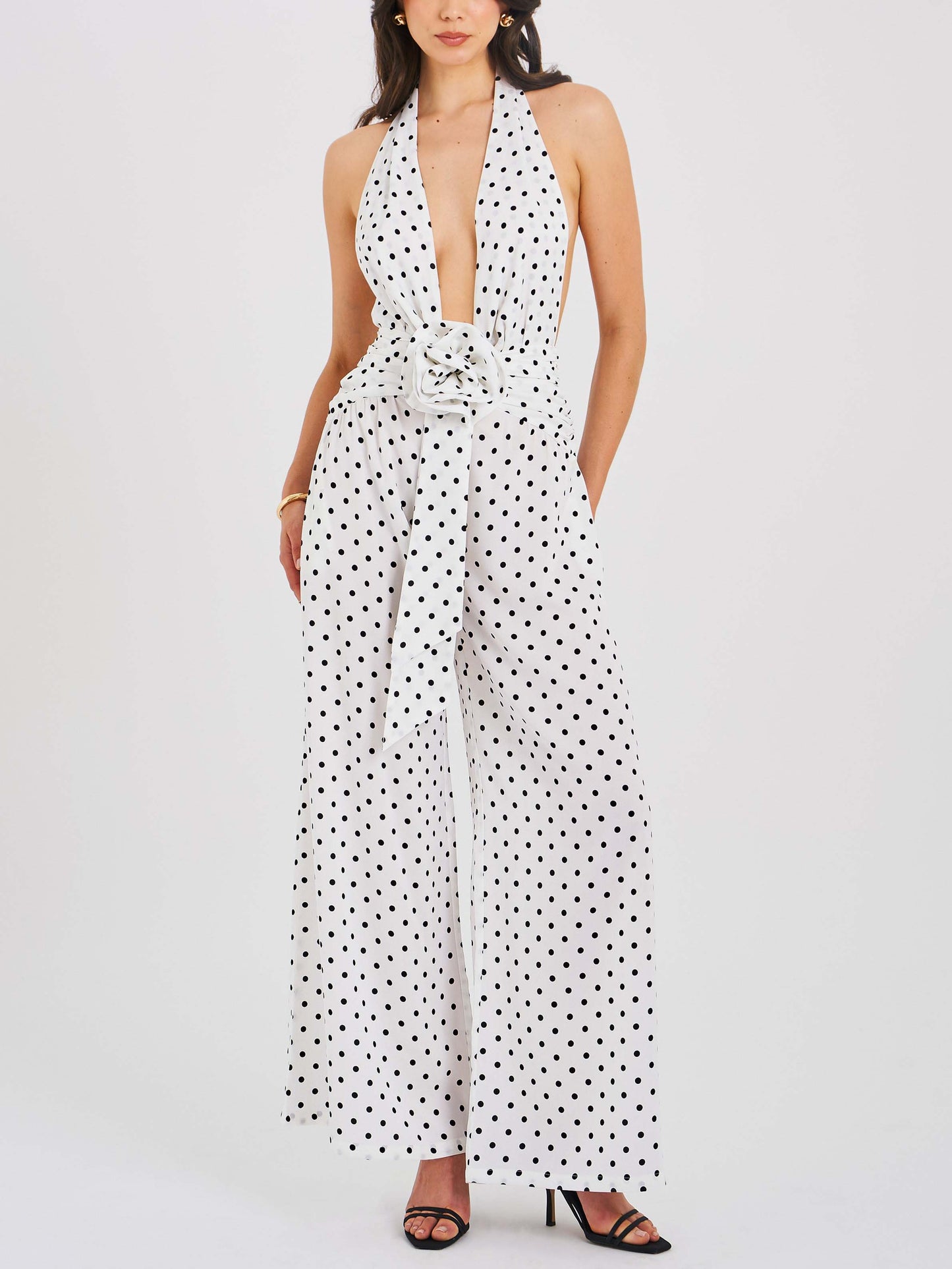 Retro Polka Dot Classic Deep V-Neck Open Back Polka Dot Jumpsuit