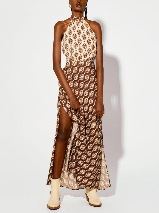 Retro Exquisite Satin Print Side Slit Halter Neck Midi Dress