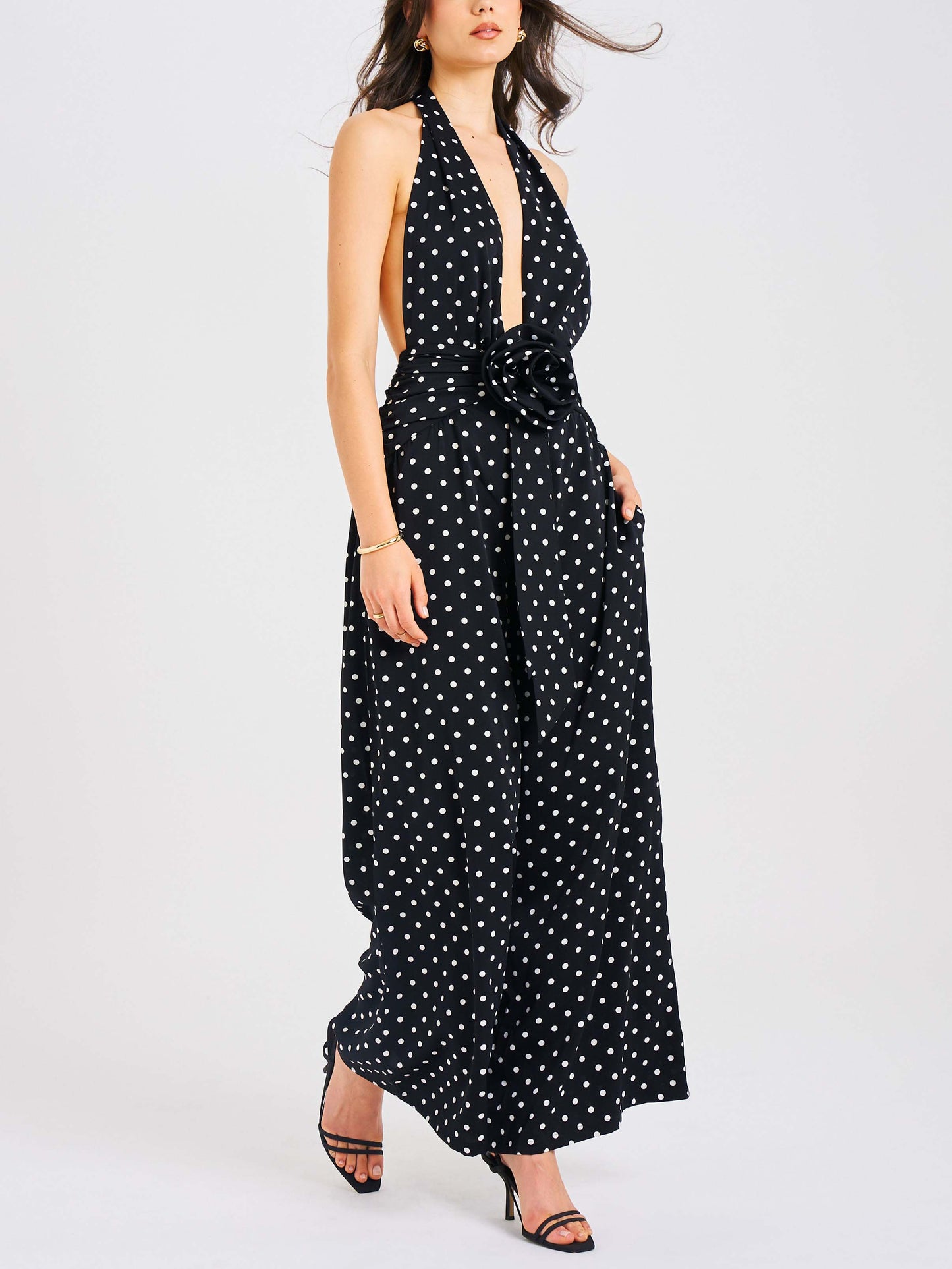 Retro Polka Dot Classic Deep V-Neck Open Back Polka Dot Jumpsuit