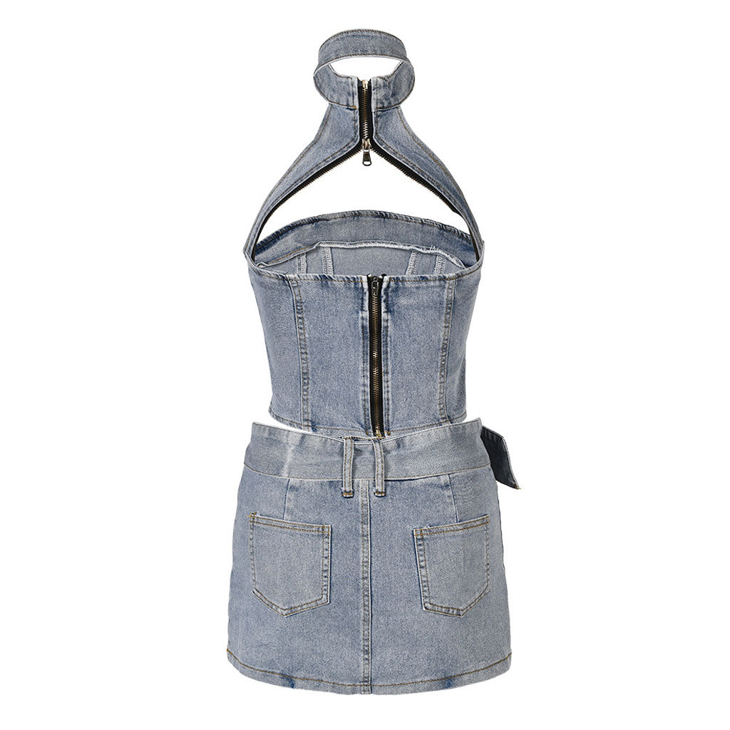 Edge Zipper Cutout Halter Denim Crop Top and Belted Mini Denim Skirt Matching Set