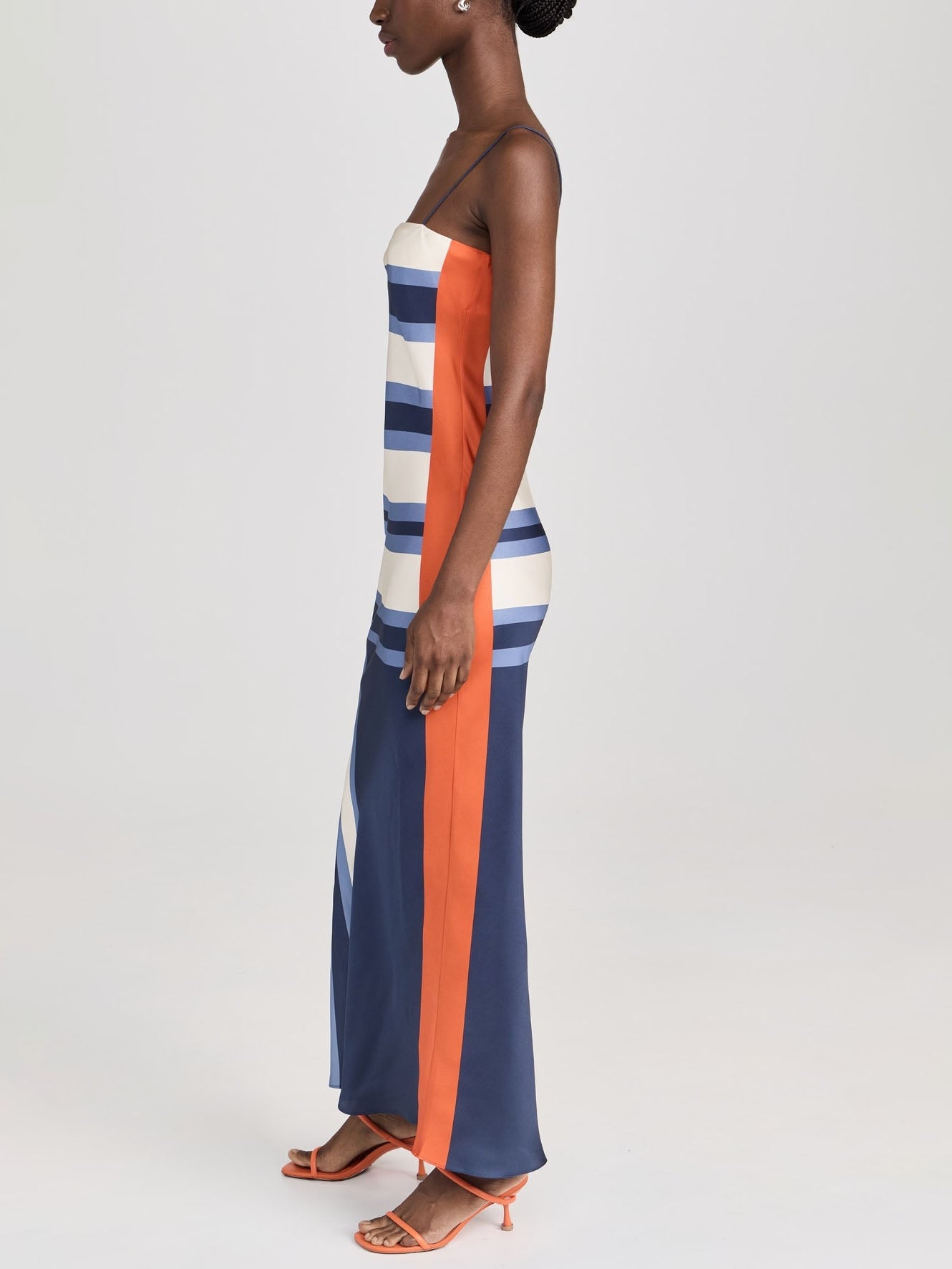 Satin Irregular Striped Floral Suspender Midi Dress