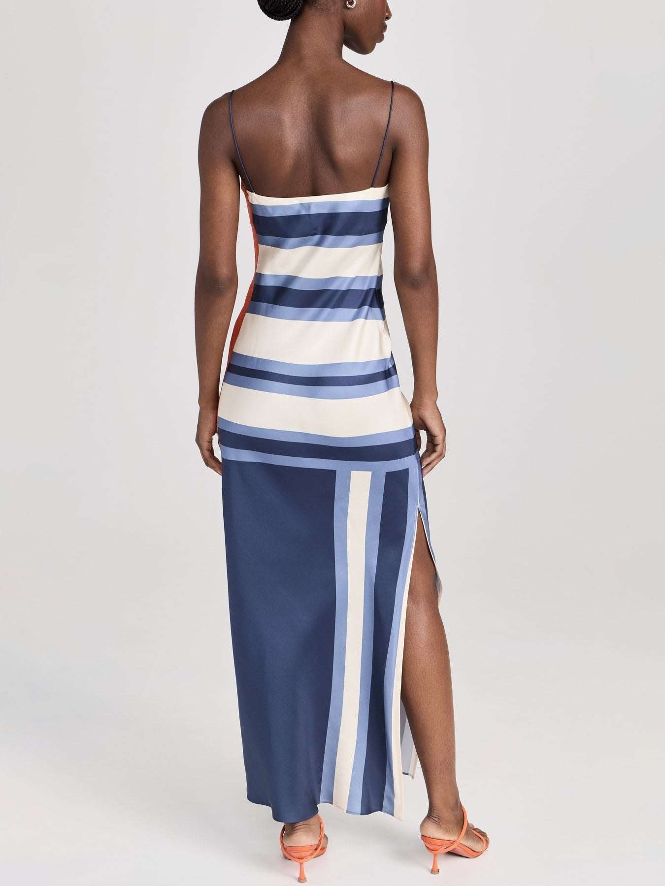 Satin Irregular Striped Floral Suspender Midi Dress