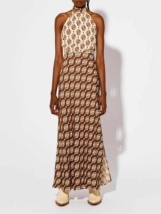 Retro Exquisite Satin Print Side Slit Halter Neck Midi Dress