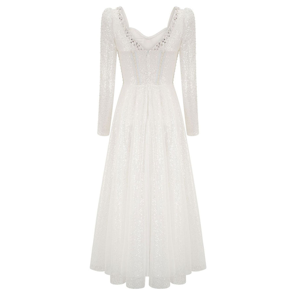 Fairy Sweetheart Neck Sheer Puff Sleeve Corset Sequin Midi Tulle Dress