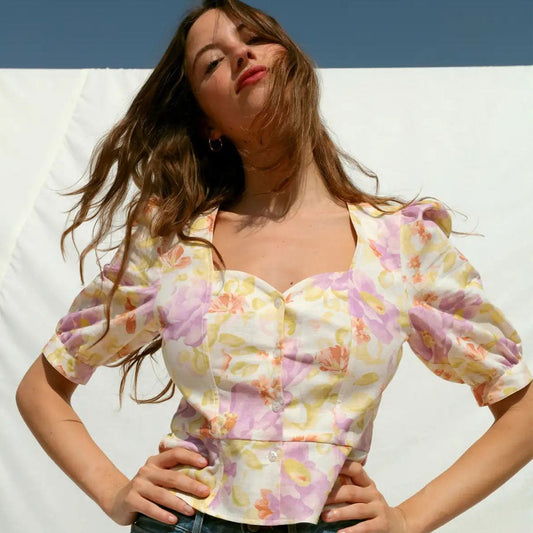 Floral Print Sweetheart Neck Puff Sleeve Linen Peplum Blouse - Yellow