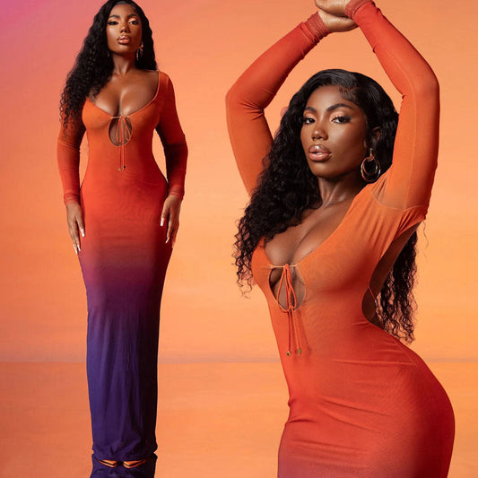 YAYOU GRADIENT COLOR BODYCON MAXI DRESS