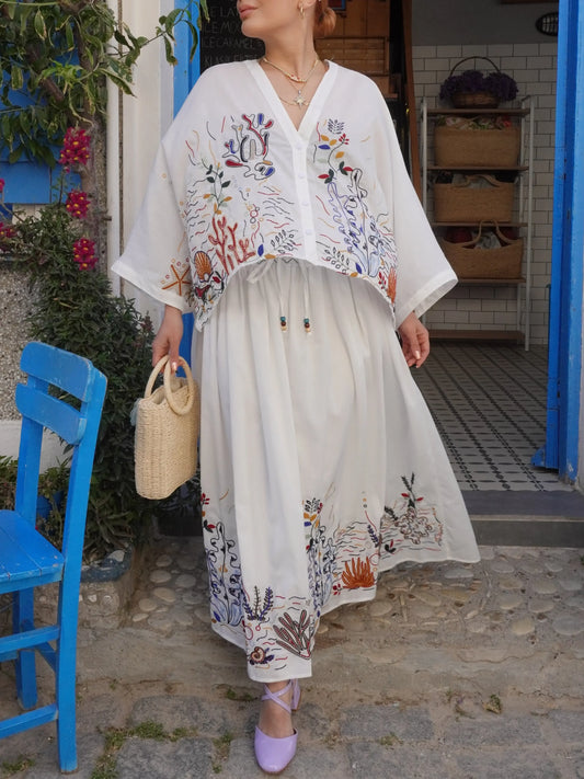 Embroidered Lined Midi Skirt Shirt Set