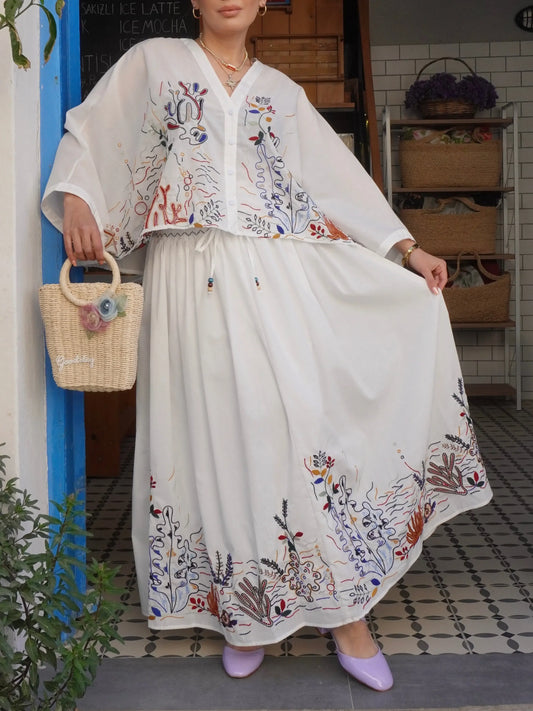 Embroidered Lined Midi Skirt Shirt Set