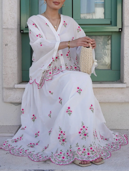 Floral Embroidered White Skirt Blouse Set