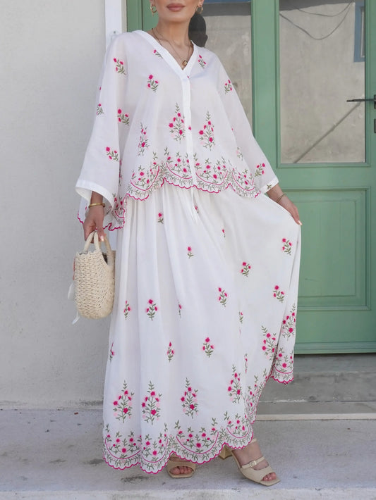 Floral Embroidered White Skirt Blouse Set