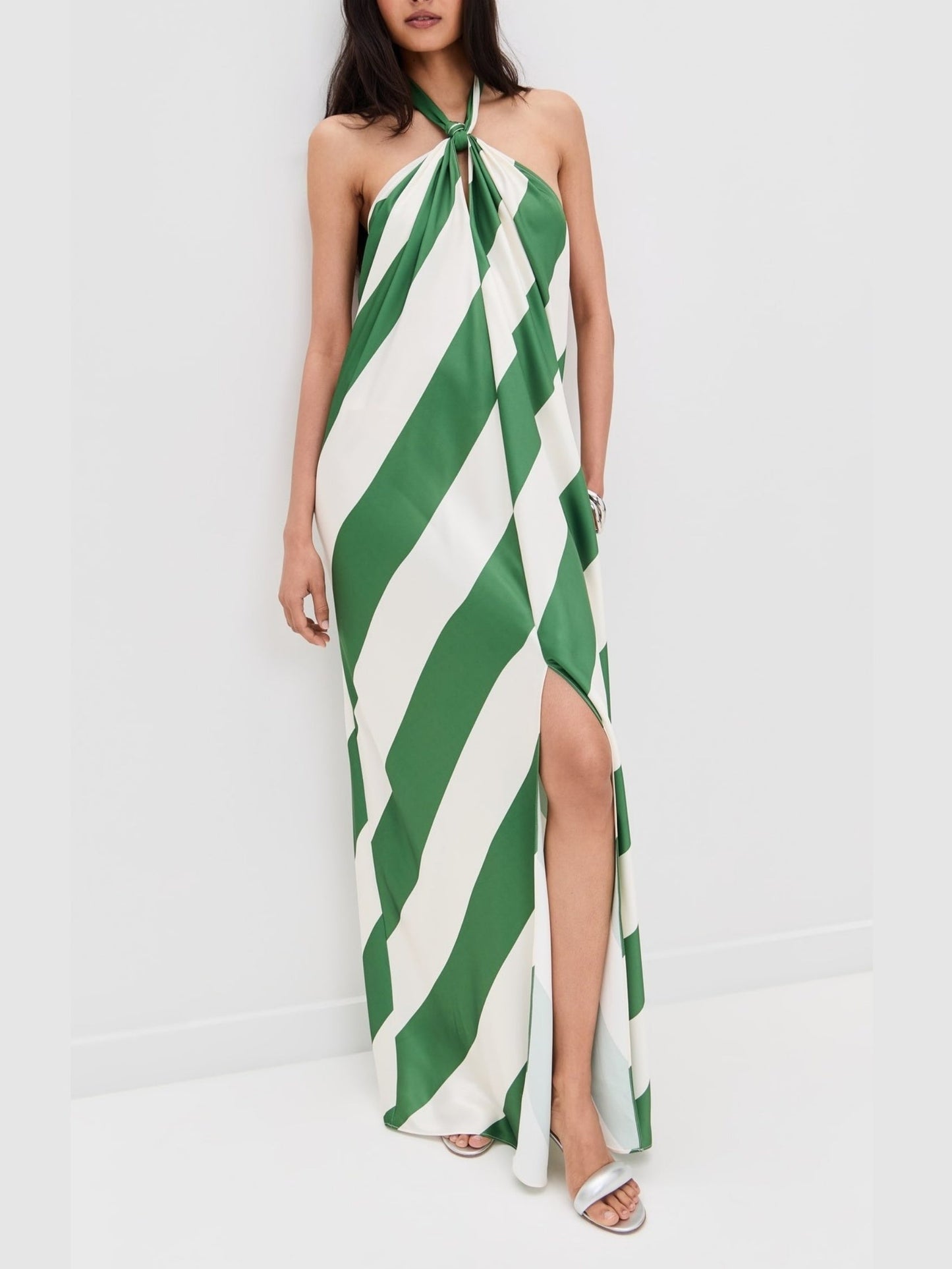 Diagonal Striped Halterneck Maxi Dress