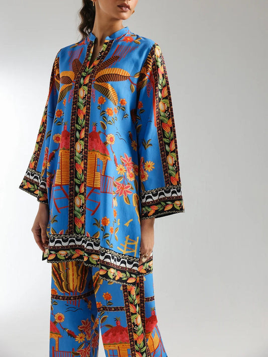 Tropical Hut Floral Prints Blue Co-ord Set