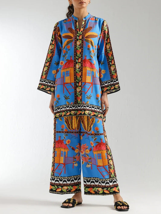 Tropical Hut Floral Prints Blue Co-ord Set