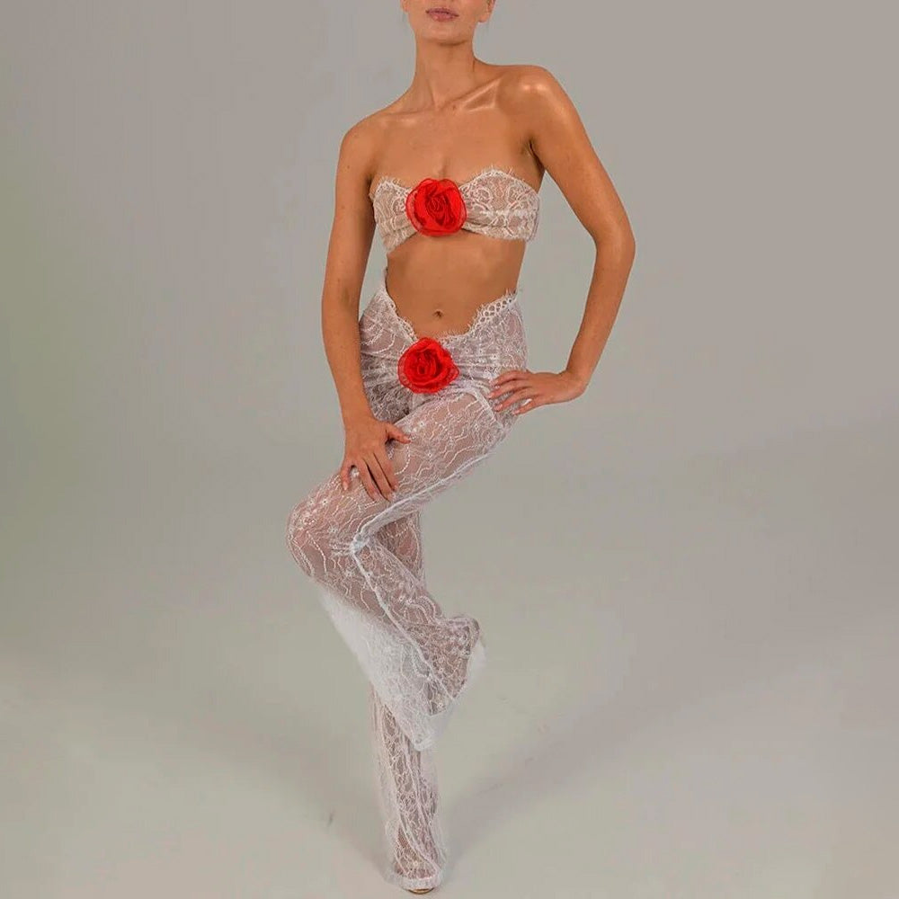 AMMEL CUT OUT LACE JUMPSUIT with RED ROSE BOWS