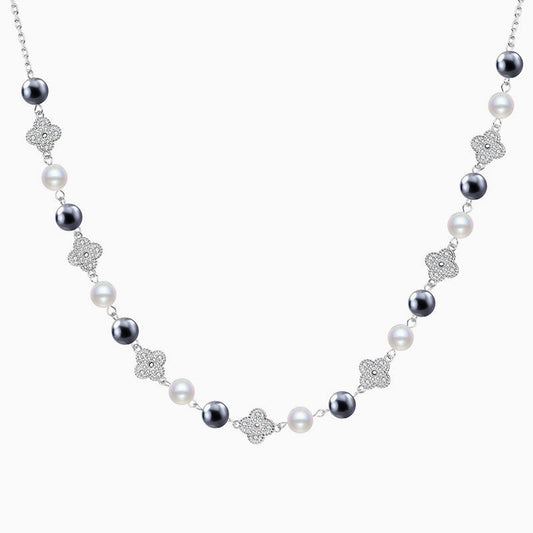 Lucky Cubic Zirconia Clover Crystal Pearl Cable Chain Bolo Slider Necklace