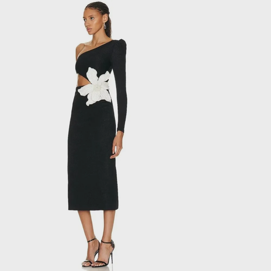 BLACK ONE SHOULDER MIDI DRESS with FLOWER ON THE SIDE