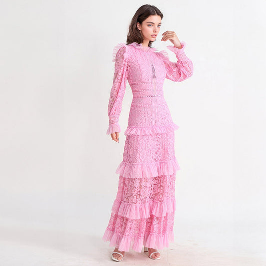 Textured Maxi Dress with Long Sleeves - Pink
