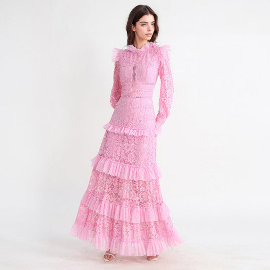 Textured Maxi Dress with Long Sleeves - Pink