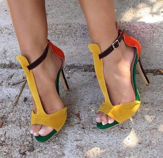 Mixed Color T-Strap Sandals