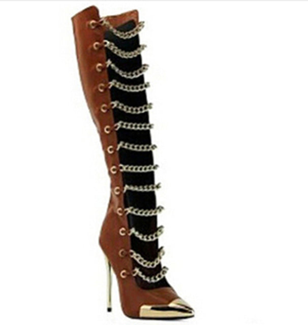 Gold Chain Metal Heel Knee High Boots