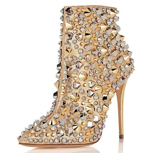 Rivets And Rhinestones Side Zip Ankle Boots