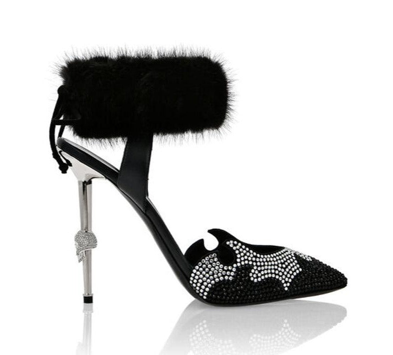 Feathered Ankle Crystal Toe High Heels Pumps