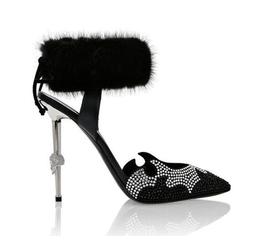 Feathered Ankle Crystal Toe High Heels Pumps