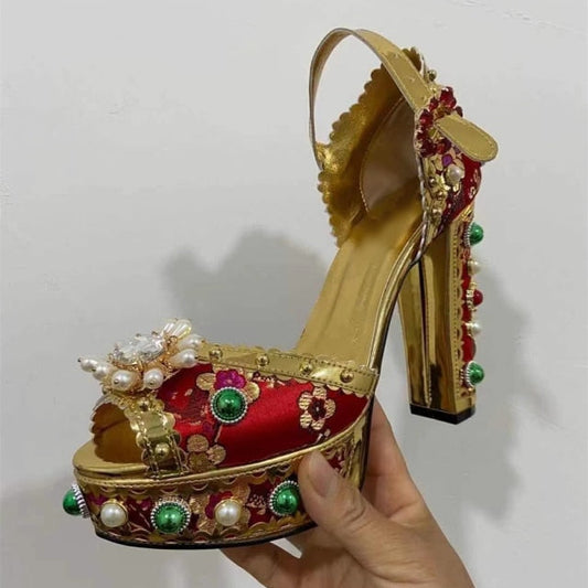 Embroidery Lace Rhinestone Sandals