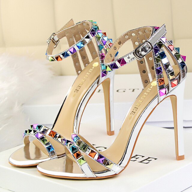 Multicolor Rivet Heel Sandals
