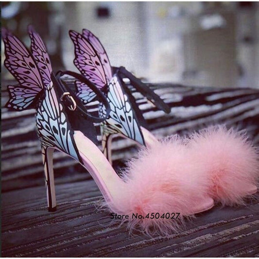 Butterfly Heel and Maribou Toe High Heel Sandals