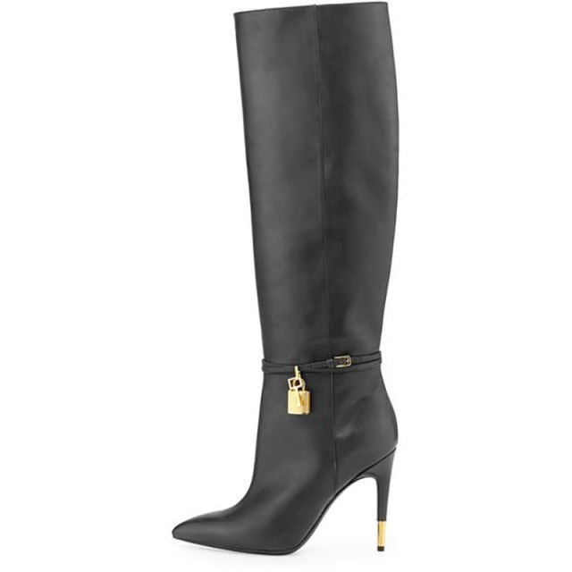 Metal Lock Stiletto Heel Boots