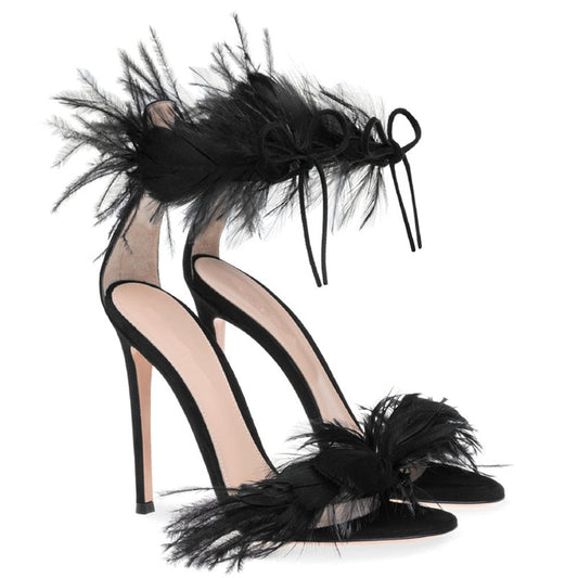 Feathered Ankle Strap High Heel Sandals