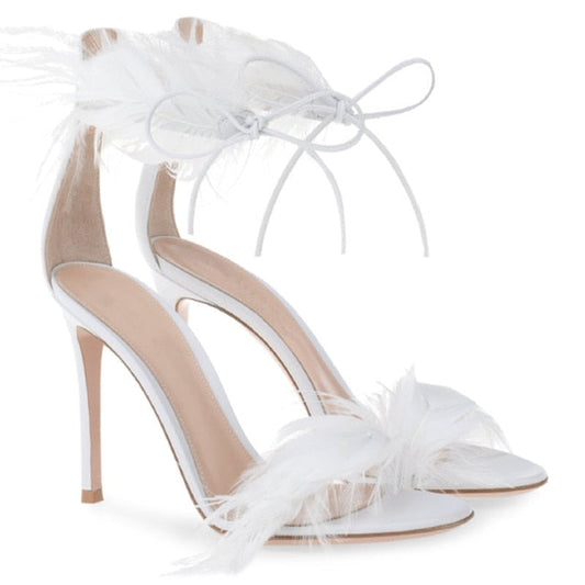 Feathered Ankle Strap High Heel Sandals
