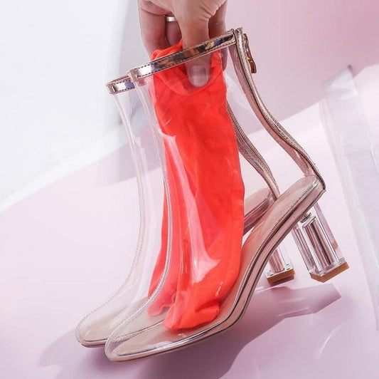 Transparent Zip Up Stiletto Ankle Boots