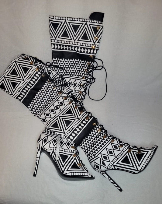 Clearance - Tribal Print Open Toe Thigh High Boots