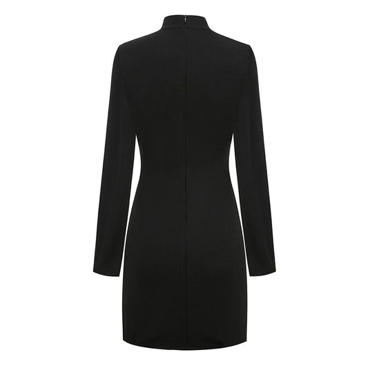 Sexy Cutout Front Lace Panel High Neck Long Sleeve Bodycon Mini Party Dress