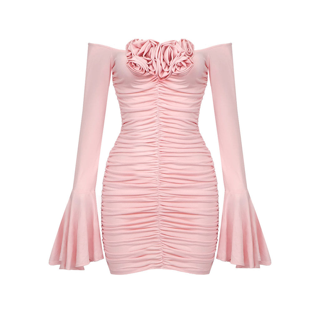 Sexy Rosette Detail Off the Shoulder Flare Sleeve Ruched Mini Party Dress