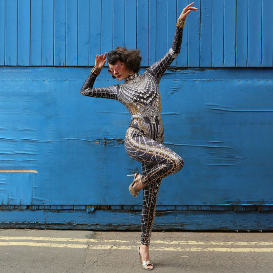 Shimmer Rhinestone Baroque Geo Print High Neck Long Sleeve Skinny Unitard Jumpsuit