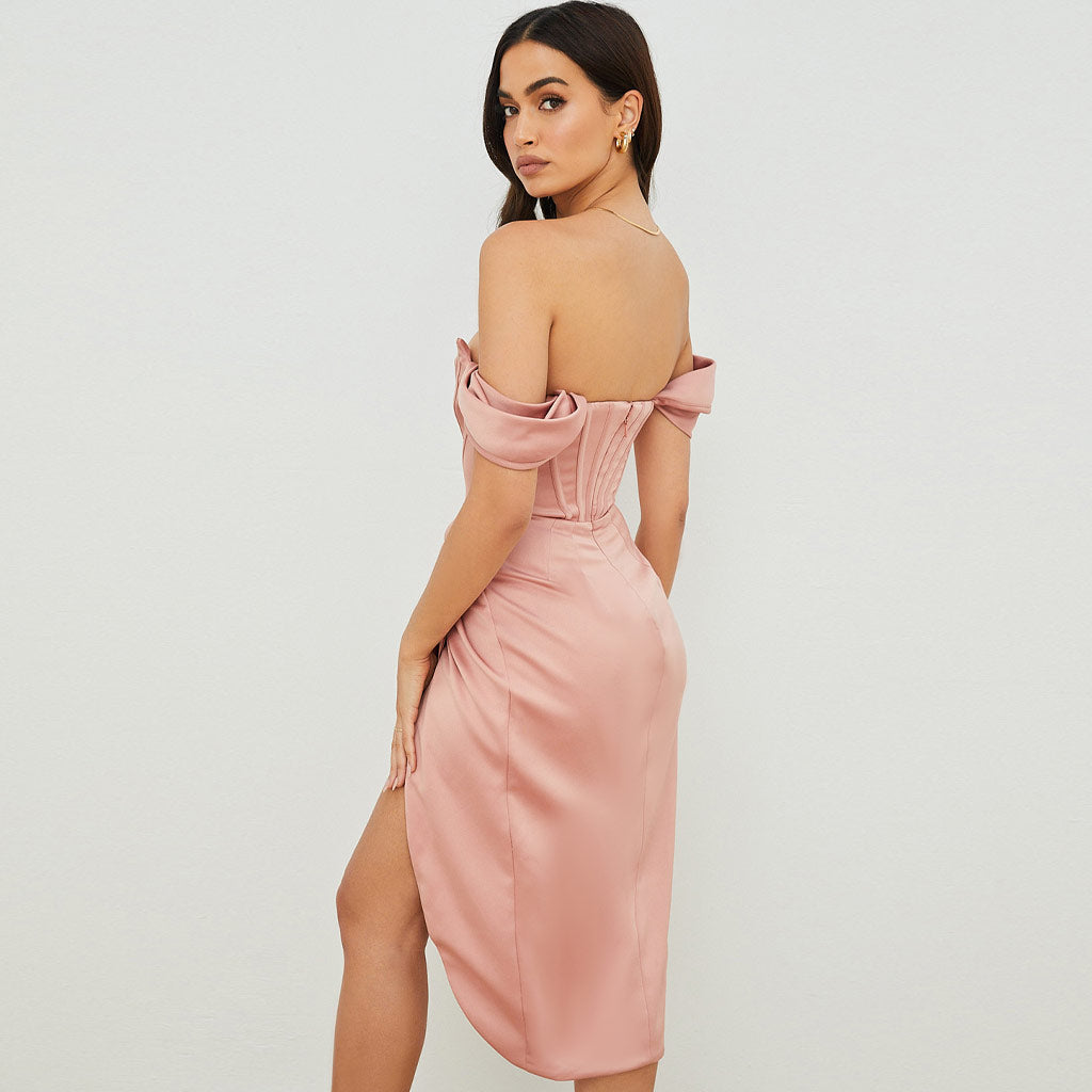 Silky Satin Off Shoulder High Slit Drape Corset Midi Dress - Pink