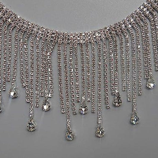 Sparkly Rhinestone Embellished Waterfall Fringe Choker Necklace - Silver
