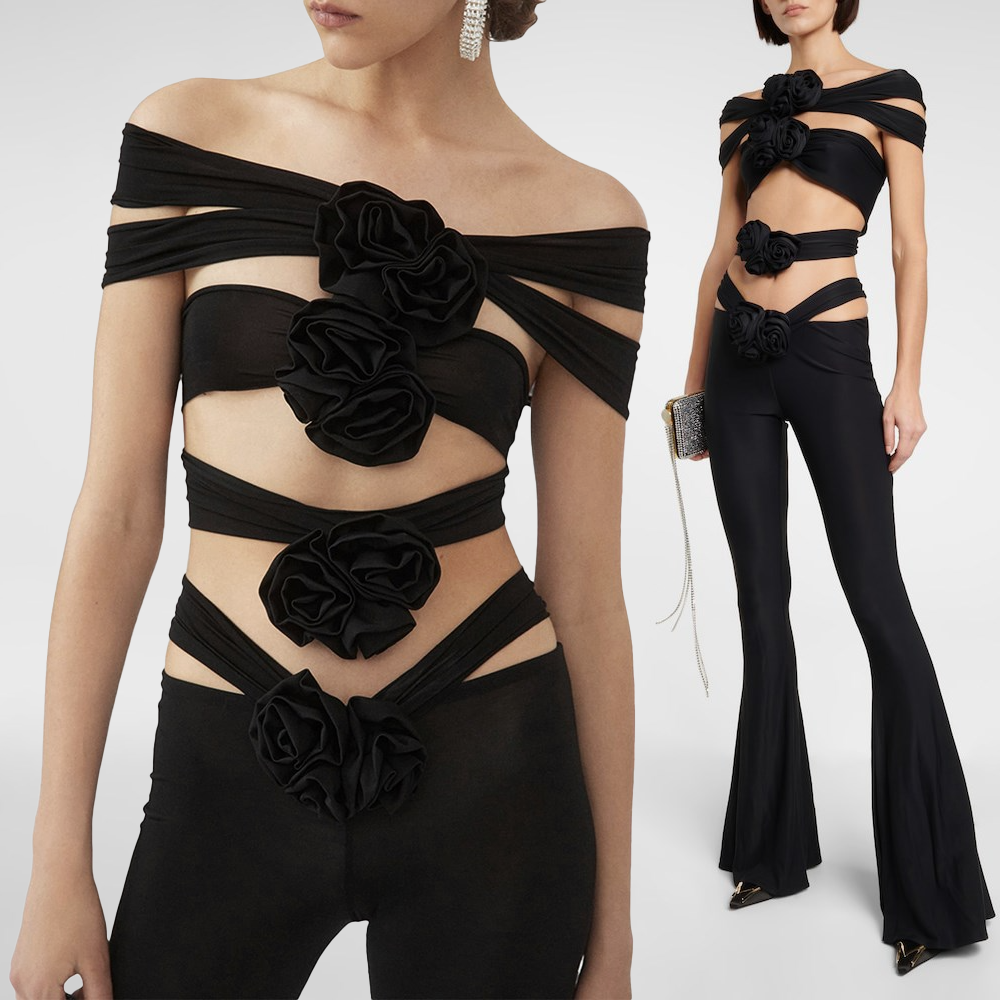 HANAE BLACK CUT OUT TOP and FLARED PANTS with ROSE BOWS SET