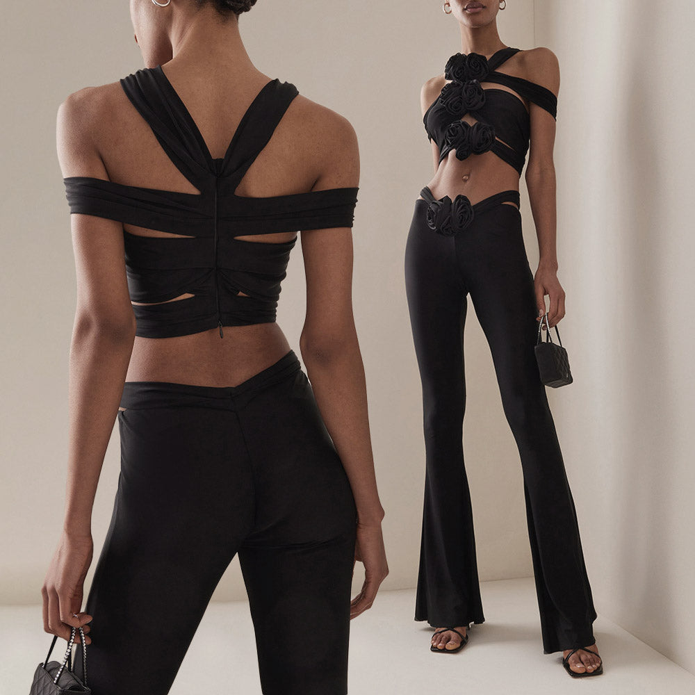 HANAE BLACK CUT OUT TOP and FLARED PANTS with ROSE BOWS SET
