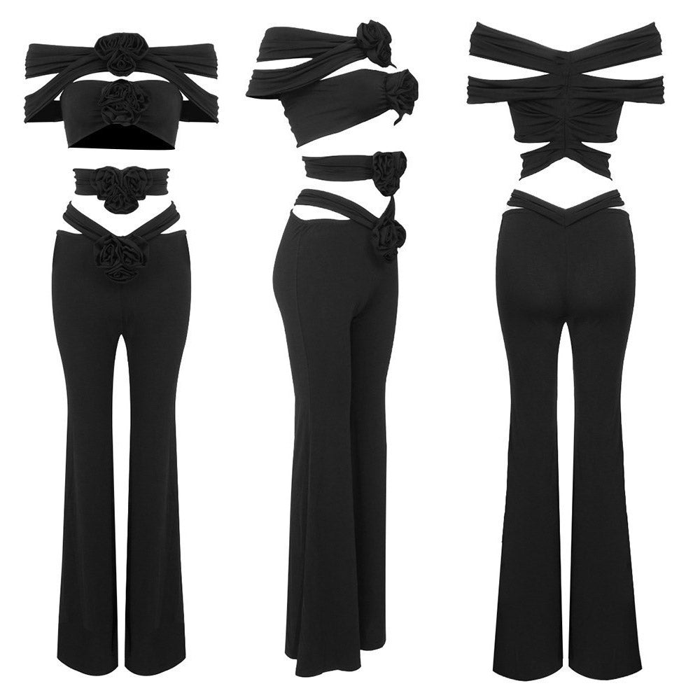 HANAE BLACK CUT OUT TOP and FLARED PANTS with ROSE BOWS SET