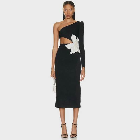 BLACK ONE SHOULDER MIDI DRESS with FLOWER ON THE SIDE