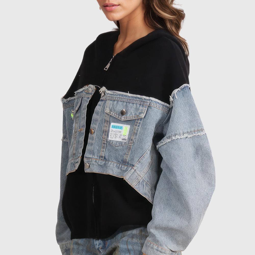 Zip-Up Sweatshirt with Denim Inserts - Black