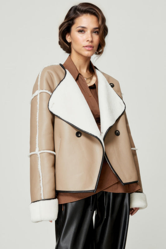 Double Breasted Faux Shearling Jacket - Brown