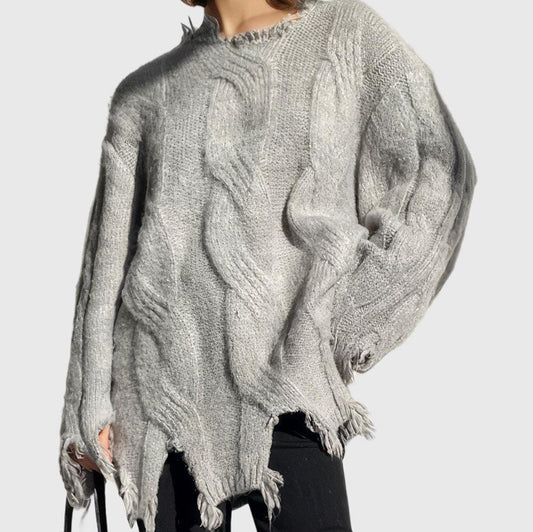 Long Knitted Pullover with Ripping - Grey