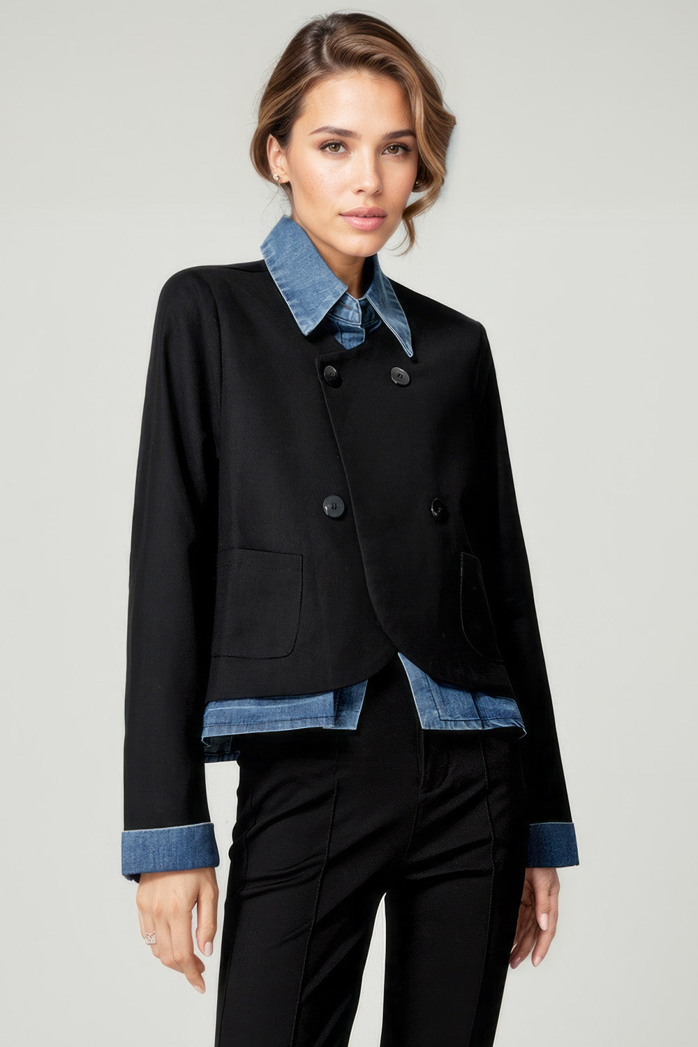 Denim-Trim Blazer - Black
